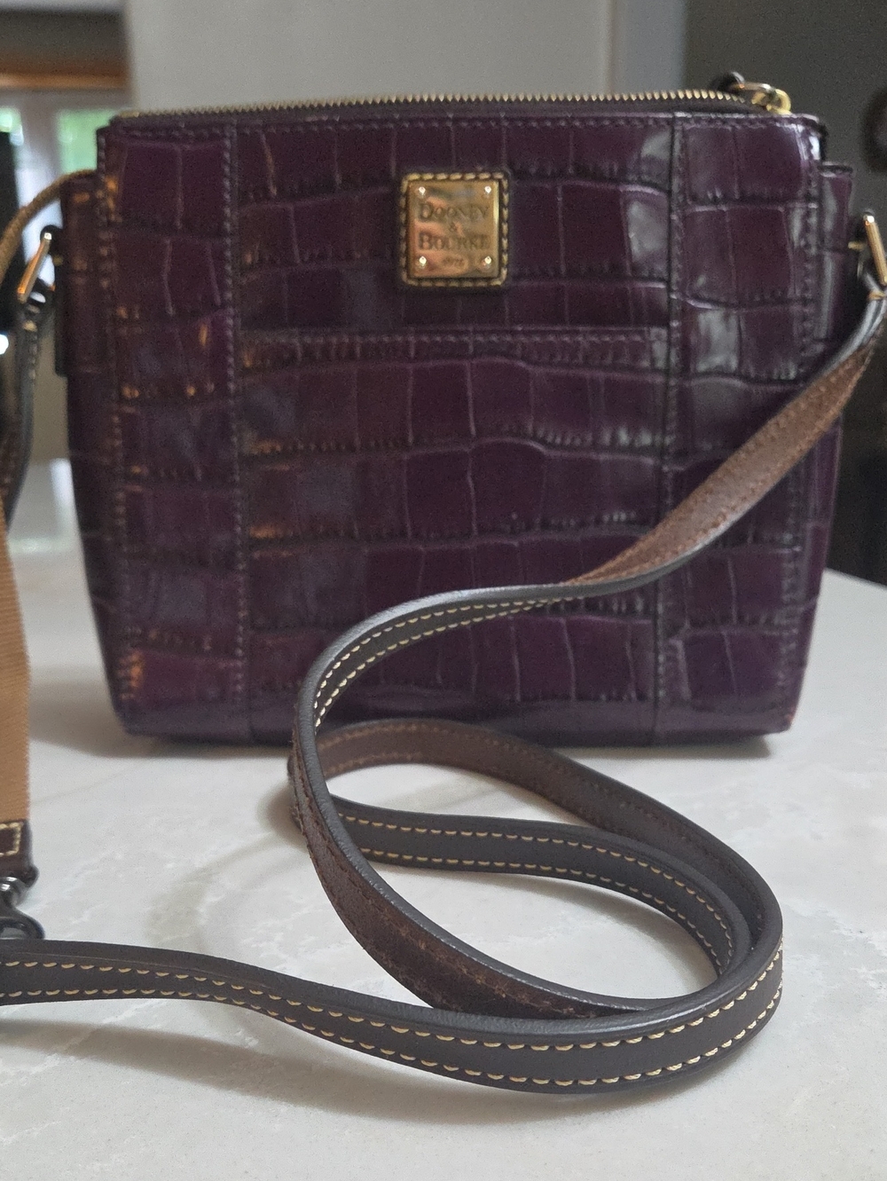 Dooney & Bourke Plum Croc-Embossed Crossbody with Brown Strap